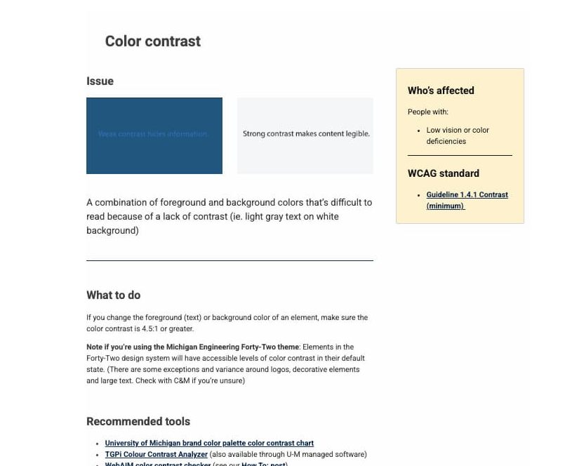 screen capture of Accessibility First Aid Kit color contrast page.
